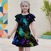 Girls Black Multicolor Printed Round Neck Flutter Sleeve A Line Flared Dress
