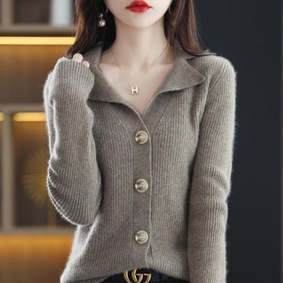 Spring and Autumn New Suit Collar Knitted Cardigan Women's Collar Short Bottom Sweater Jacket Knitted Sweater Outer