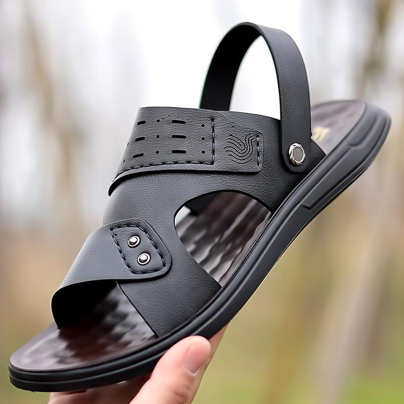 

Сандалии мужские летние уличные пляжные туфли для мужчин среднего и пожилого возраста, крутые кожаные туфли для работы, из натуральной коровьей кожи, двойного назначения, мужские крутые шлепанцы 44 чёрный