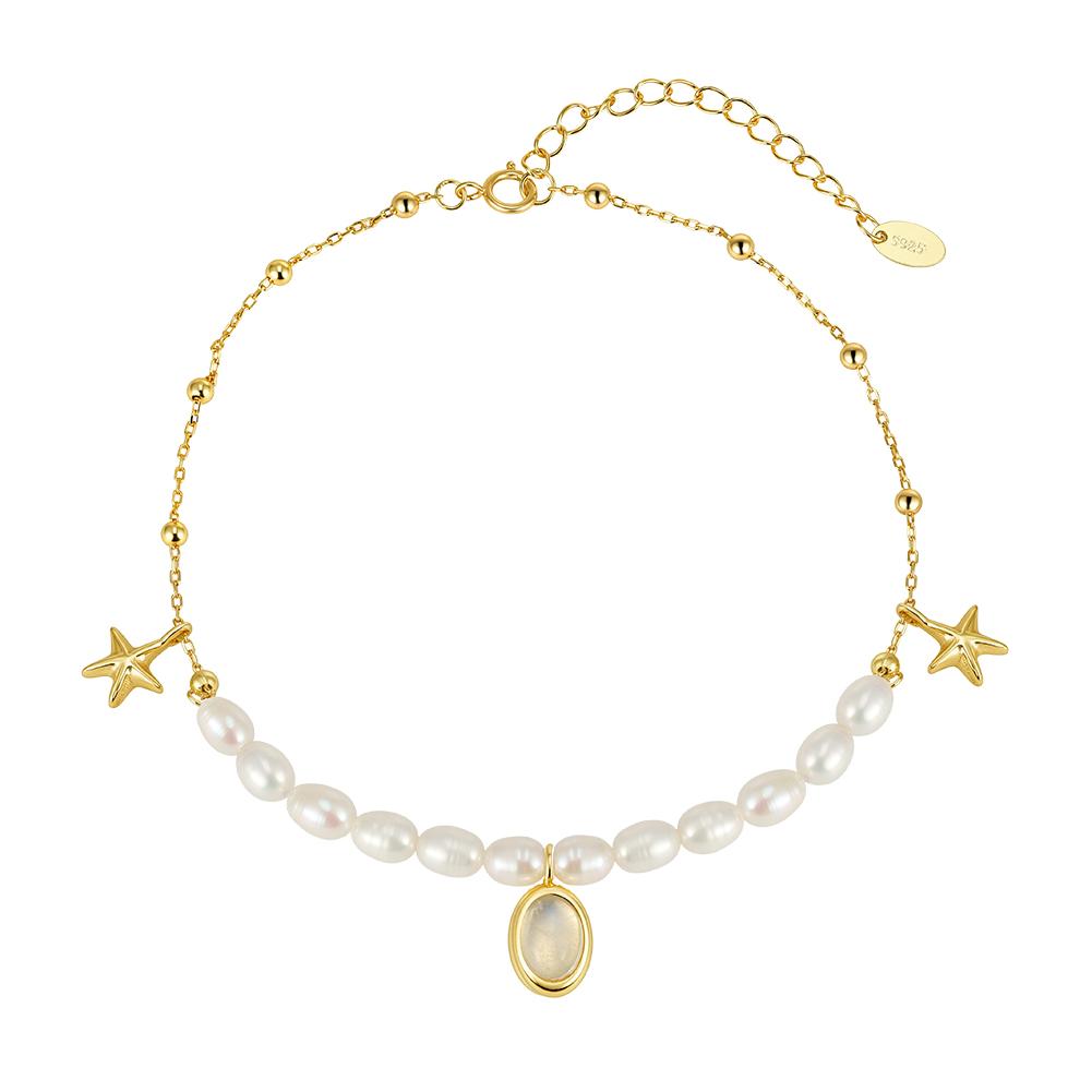 Rinntin 925 Sterling Silver Natural Freshwater Pearl Anklet for Women with Starfish Summer Holiday Foot Chain Jewelry SA97