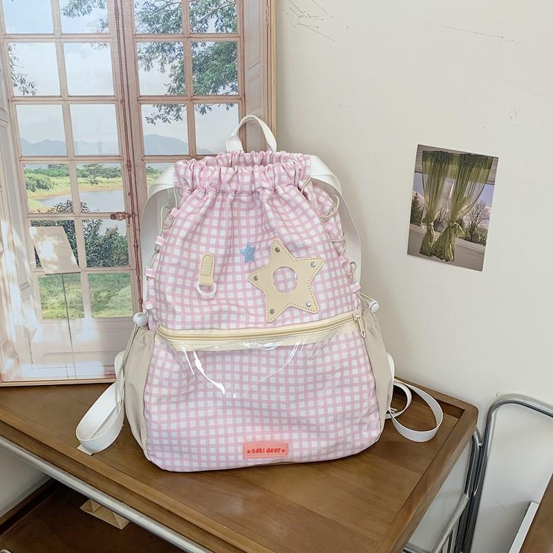 

Korean Anime-Inspired Ita Backpack: Large Capacity, Cute Star Design, Plaid Pattern, Ideal for Girls