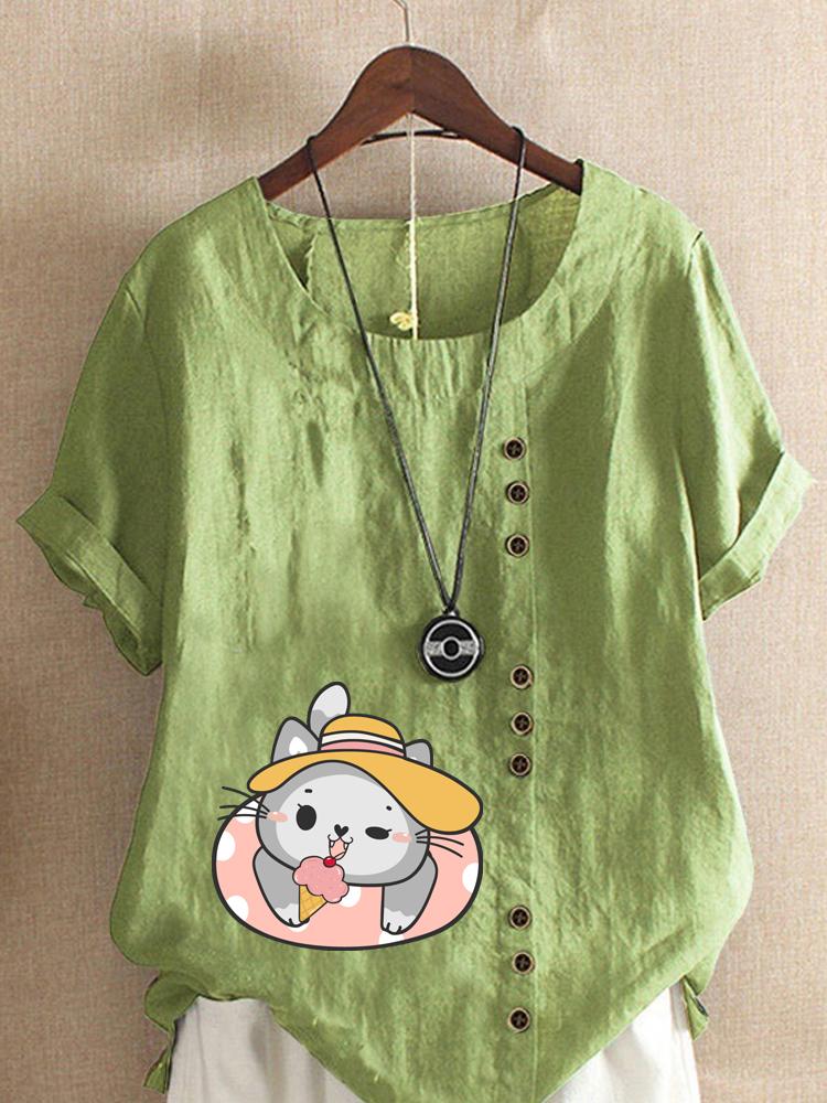 Women's Fashion Cat Print Shot Sleeve T-shirt Loose Cotton Shirt Casual Loose Summer Blouse Tops Plus Size