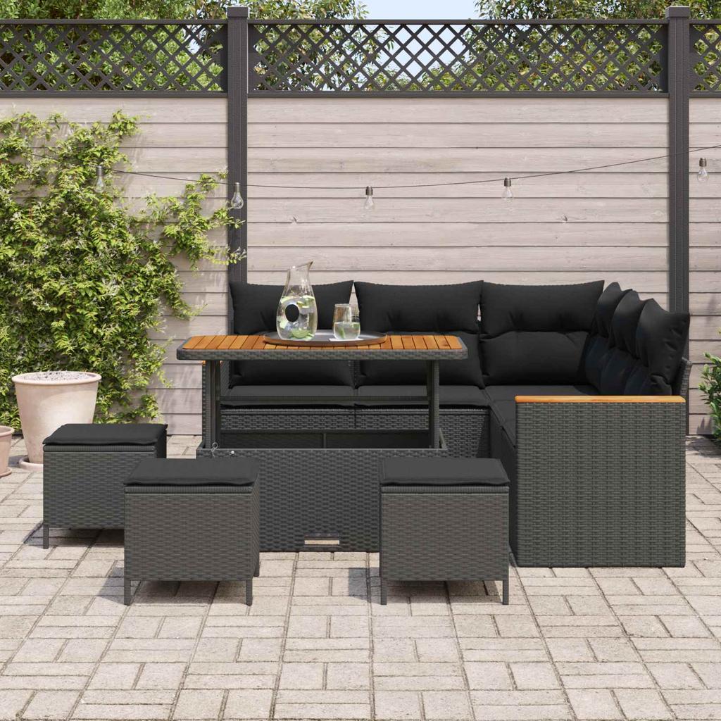 Garden Sofa Set with Cushions and Storage Black Poly Rattan