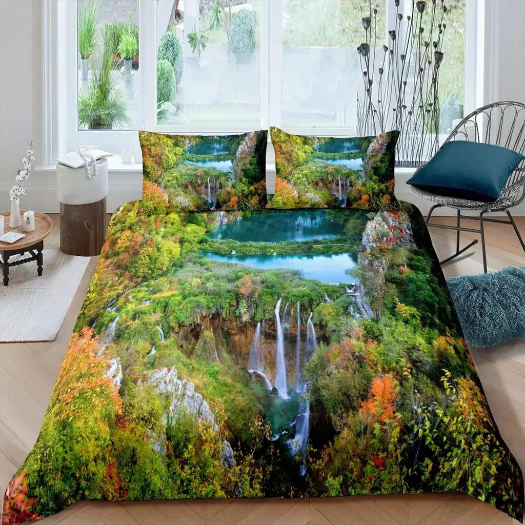 Vattenfall Påslakanset Naturlandskap Täcke Örngott Landskap Skog Vattenfall Queen Size Polyester Sängklädesset
