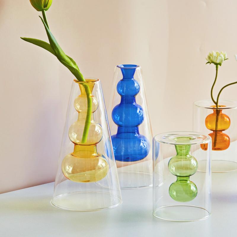 Nordische moderne doppelwandige Vase, kreative hydroponische transparente Glasvase, Wohnzimmer-Desktop-Dekor, personalisiertes Kunstornament