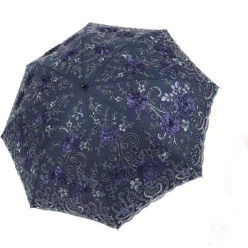 Doppellagiger bestickter Spitzen-Sonnenschirm und Regenschirm mit UV-Schutz