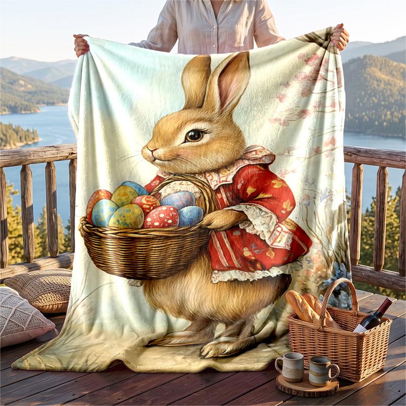 Warm Flannel Blanket Rabbit Pattern, Lightweight Comfortable Throw Blanket for Bed Sofa Use