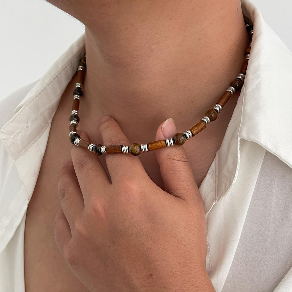 Collana di Perle di Legno Marrone Vintage PuRui per Uomo Etnica Pietra Tigre Perline CCB Catena Corta Clavicola Accessori Zirconi 2025 Nuovo