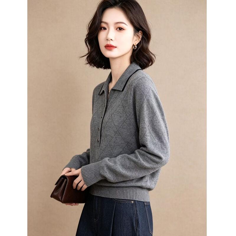 EST+II Diamond Jacquard Polo Collar Long-Sleeve Knit Sweater