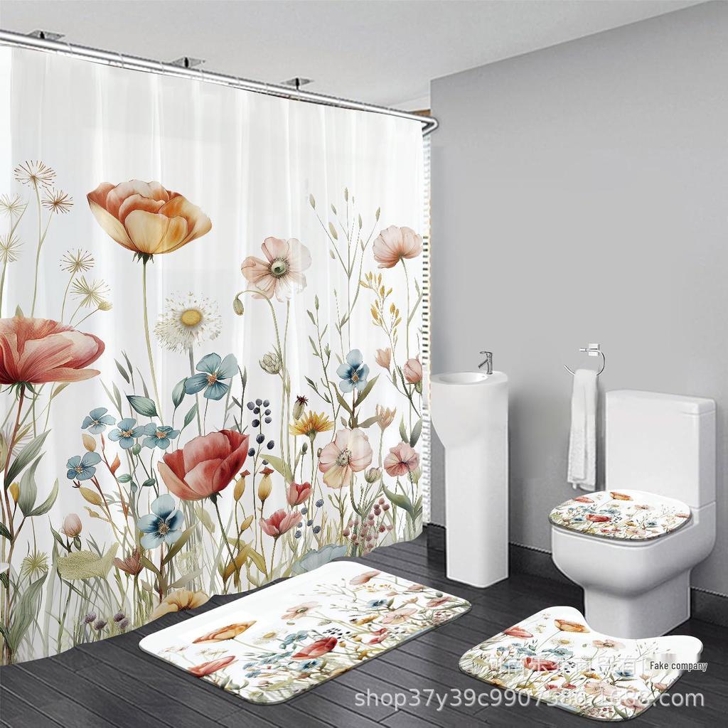 Elegant Blommig Duschdraperiset: Vattentät, Mögelresistent, med Krokar, Ingen Borrning Krävs.