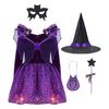 4Pcs Kids Girls Halloween Witch Costume Carnival Cosplay Fancy Dress Outfit Long Sleeve Sparkling Dress With Pointed Hat Wand Candy Bag Set