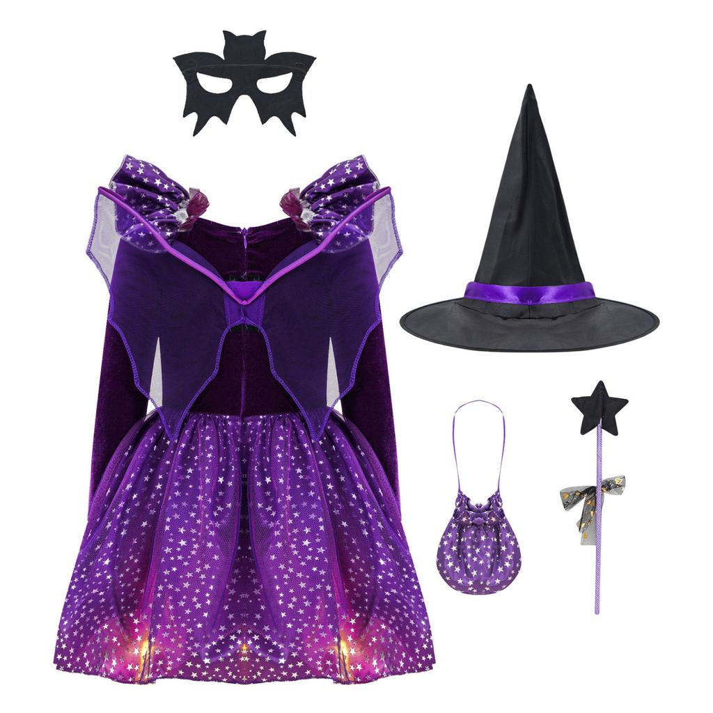4Pcs Kids Girls Halloween Witch Costume Carnival Cosplay Fancy Dress Outfit Long Sleeve Sparkling Dress With Pointed Hat Wand Candy Bag Set
