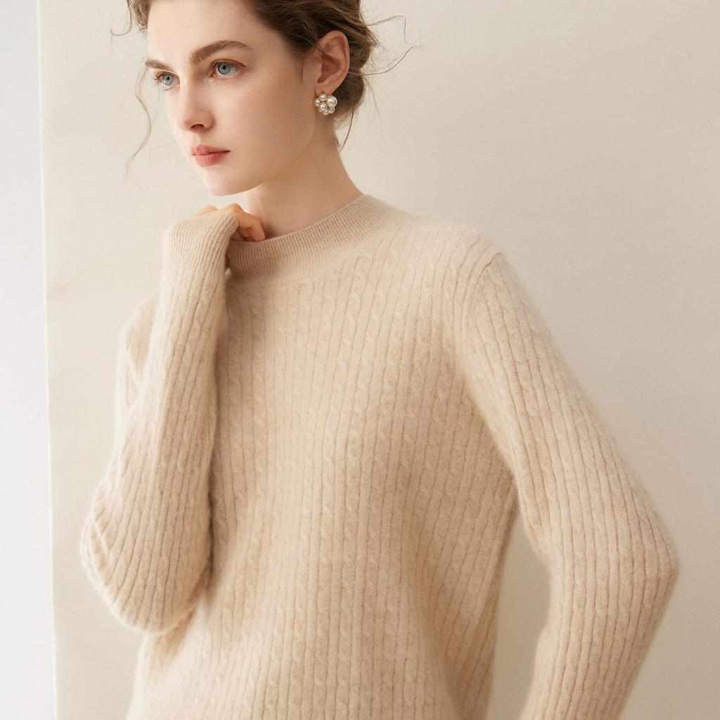 Women's Pure Cashmere Cable Knit Sweater - Autumn/Winter 2026, Half-High Neck, Loose, Slimming, Gentle Style.