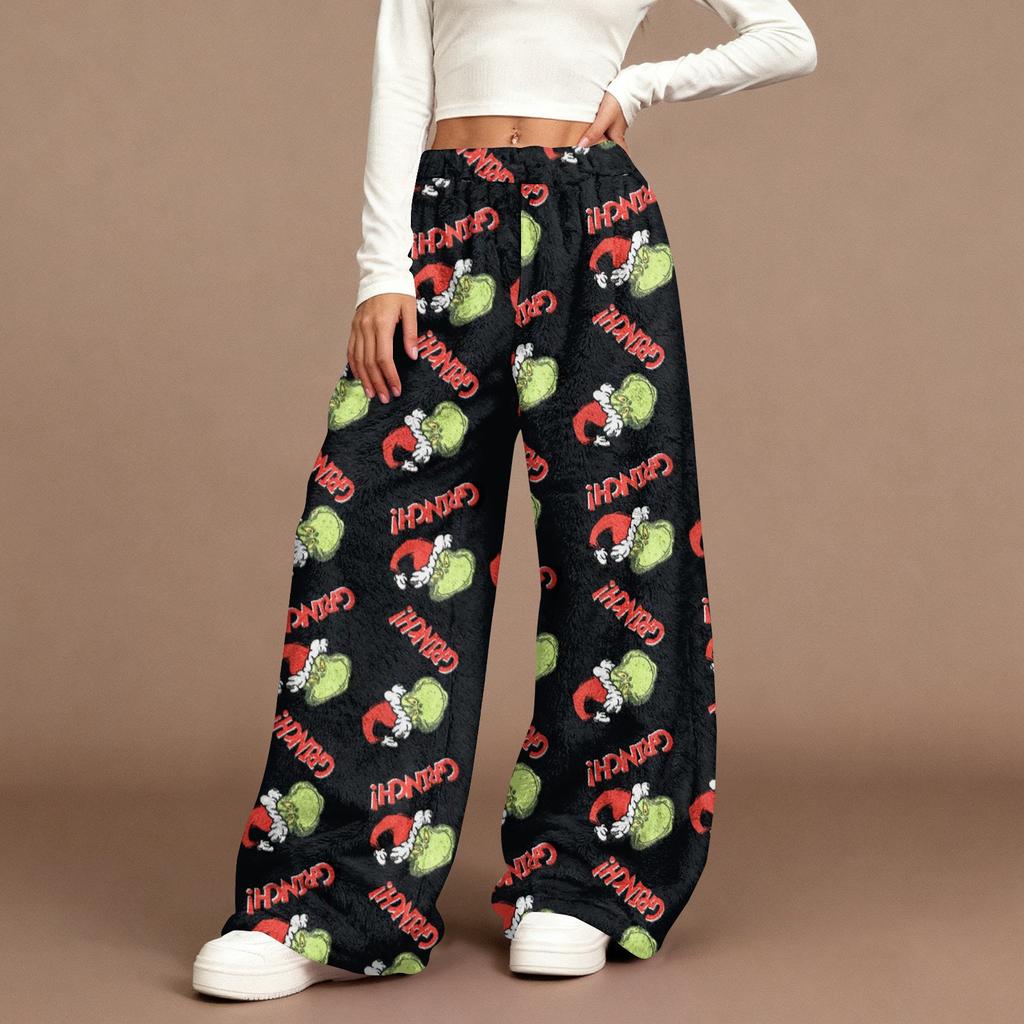 Women's Casual Fashion Christmas Print Elastic Waist Loose Plush Wide Leg Pants