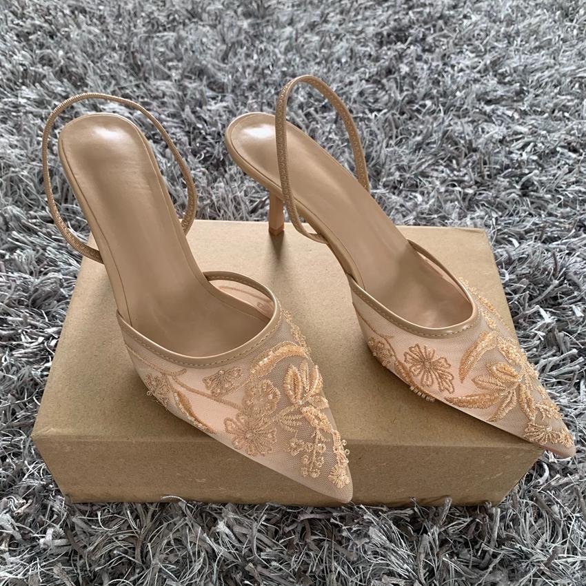 Black Embroidered Mesh Slingback High Heels Sandals for Women Shoes Woman Elegant Style Wedding Party Pumps