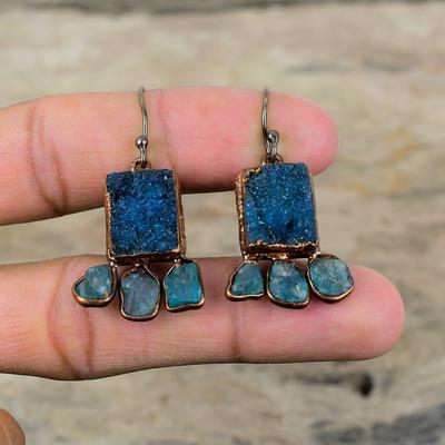Blue Druzy Earring Electroformed Copper Earrings Neon Apatite Rough Gemstone Earring Electroformed Jewelry Gift For Mother Handmade Earrings