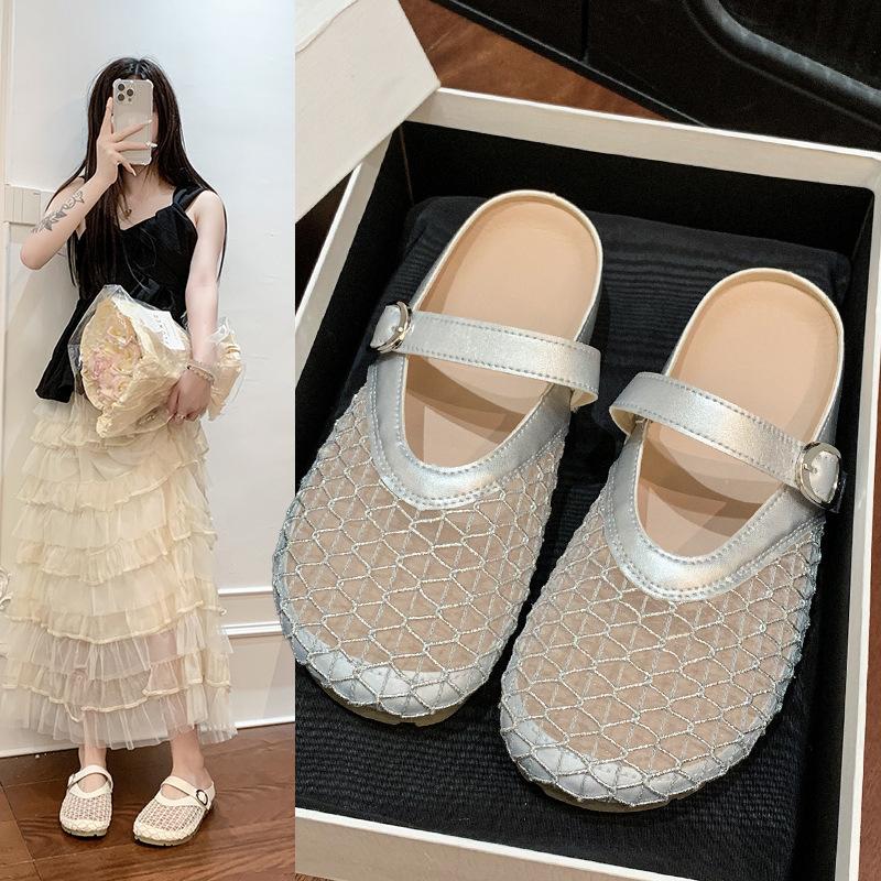 

New Baotou one-pedal mesh single shoes 2025 with flat-bottomed fisherman cool slippers half slippers women s summer outer skirt 40 серебряный