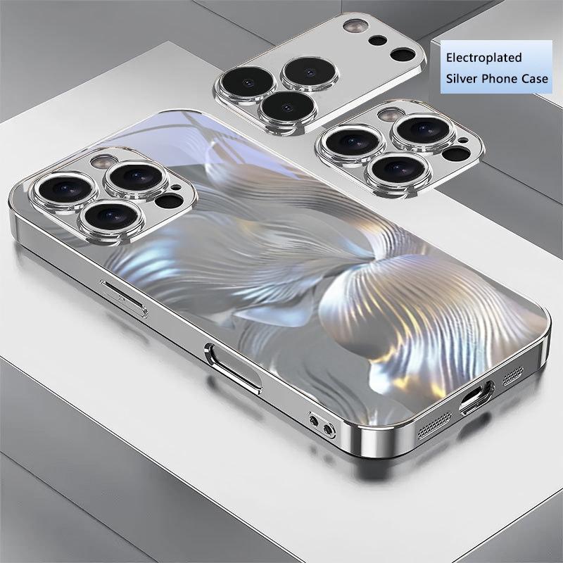 Metal Petal Electroplated Silver Phone Case For iPhone 18 17Air 17 16 15 14 13 12 11 Pro Max Plus 16E XR 7 8 X Glass Back Cover