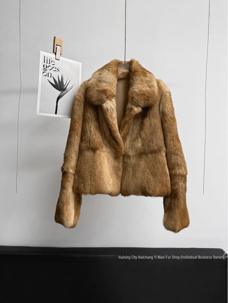 

Женское модное двухцветное пальто с воротником из натурального кроличьего меха - 2025, повседневный короткий стиль Medium янтарь