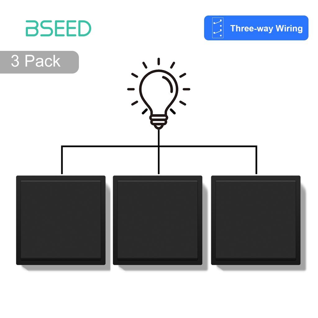 BSEED 1Gang 3Way Mechanical Button Switches Wall Light Switches EU Standard 80mm*80mm Plastic Frame 3Pack 10A