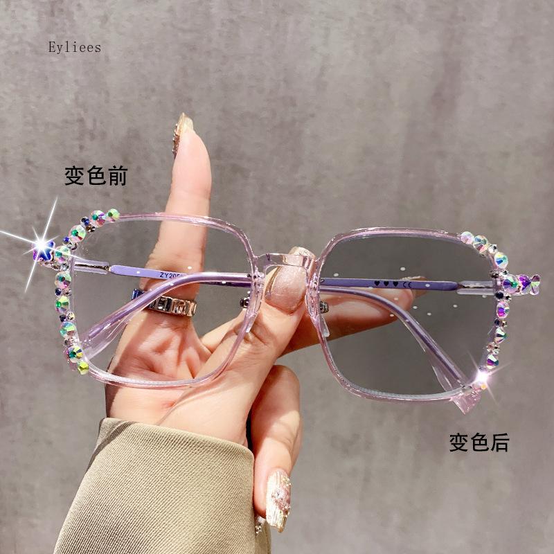 Shiny Diamond Photochromic Myopia Glasses Ultra Light Frame High-end Color Changing Eyewear Large Frame Anti Blue Light Glasses