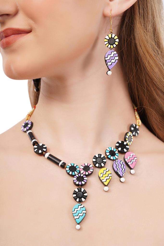 Handmade Terracotta Jewelry Set: Dangle Necklace & Earrings