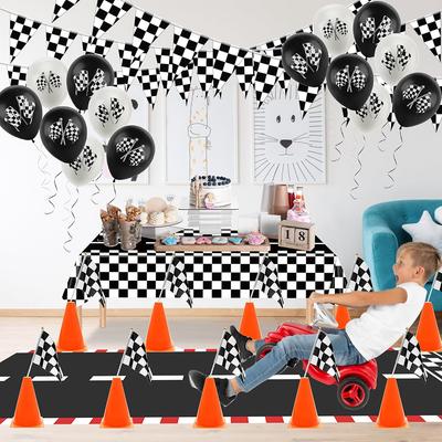 Rennwagen Party Dekorationen Karomuster Rennstrecke Banner Tischdecke Fahnen Banner Ballons für Kinder Renn-Geburtstagsparty Zubehör