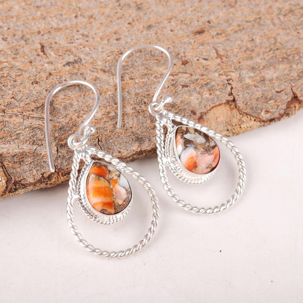 Orange Copper Turquoise Gemstone Jewelry, 925 Solid Sterling Silver, Handmade Balancing Earrings For Gift