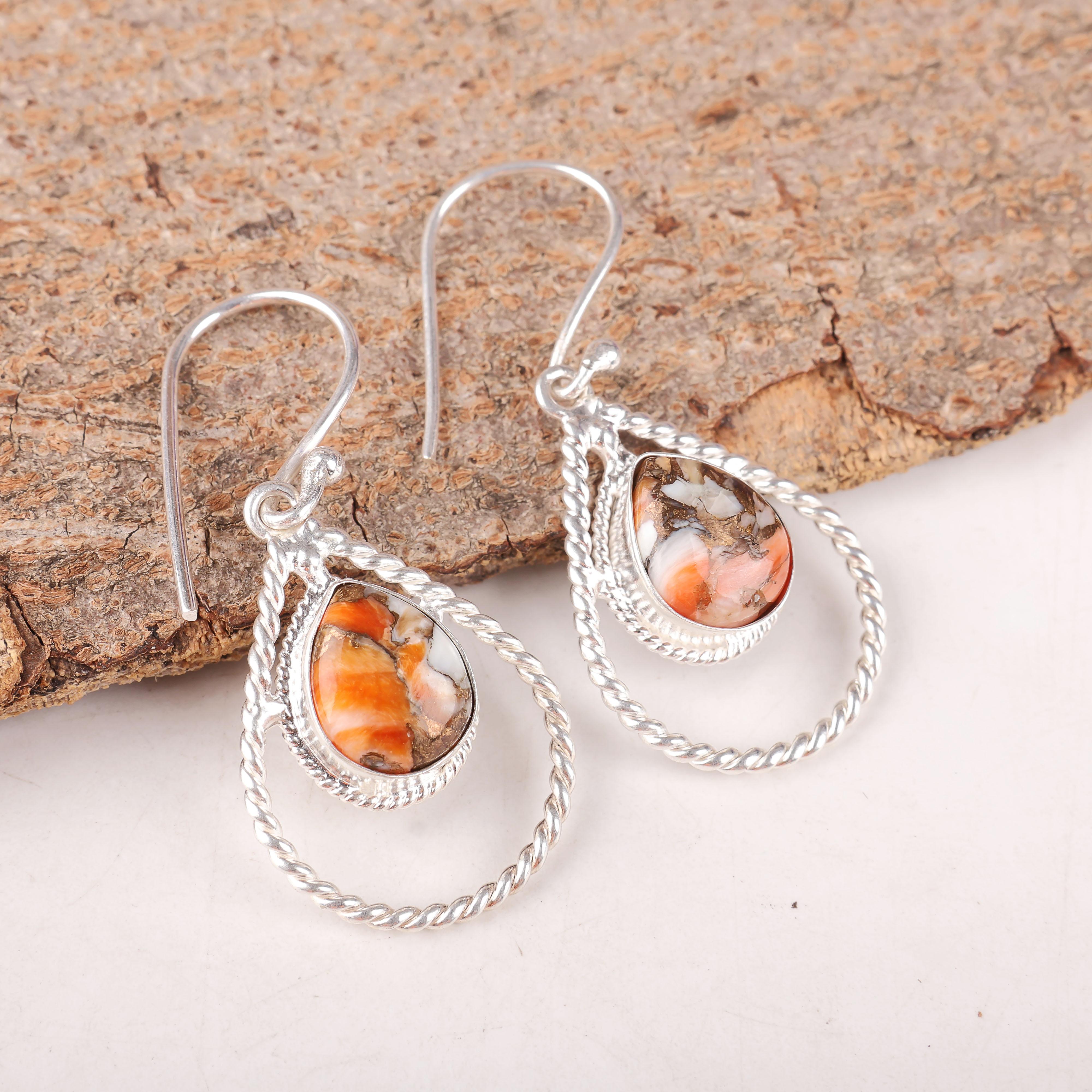 

Orange Copper Turquoise Gemstone Jewelry, 925 Solid Sterling Silver, Handmade Balancing Earrings For Gift 1.70 Inches помаранчевий