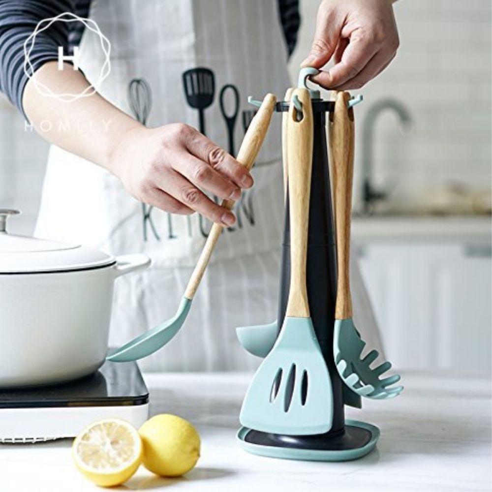 Homlly Silicone Wood Kitchen Utensils (6 piece Set)