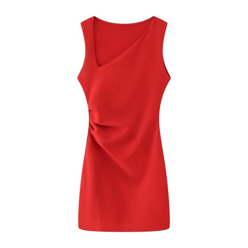 

European American Women s Clothing Summer Slim-fitting Oblique Collar Pleated Sleeveless Short Dress M