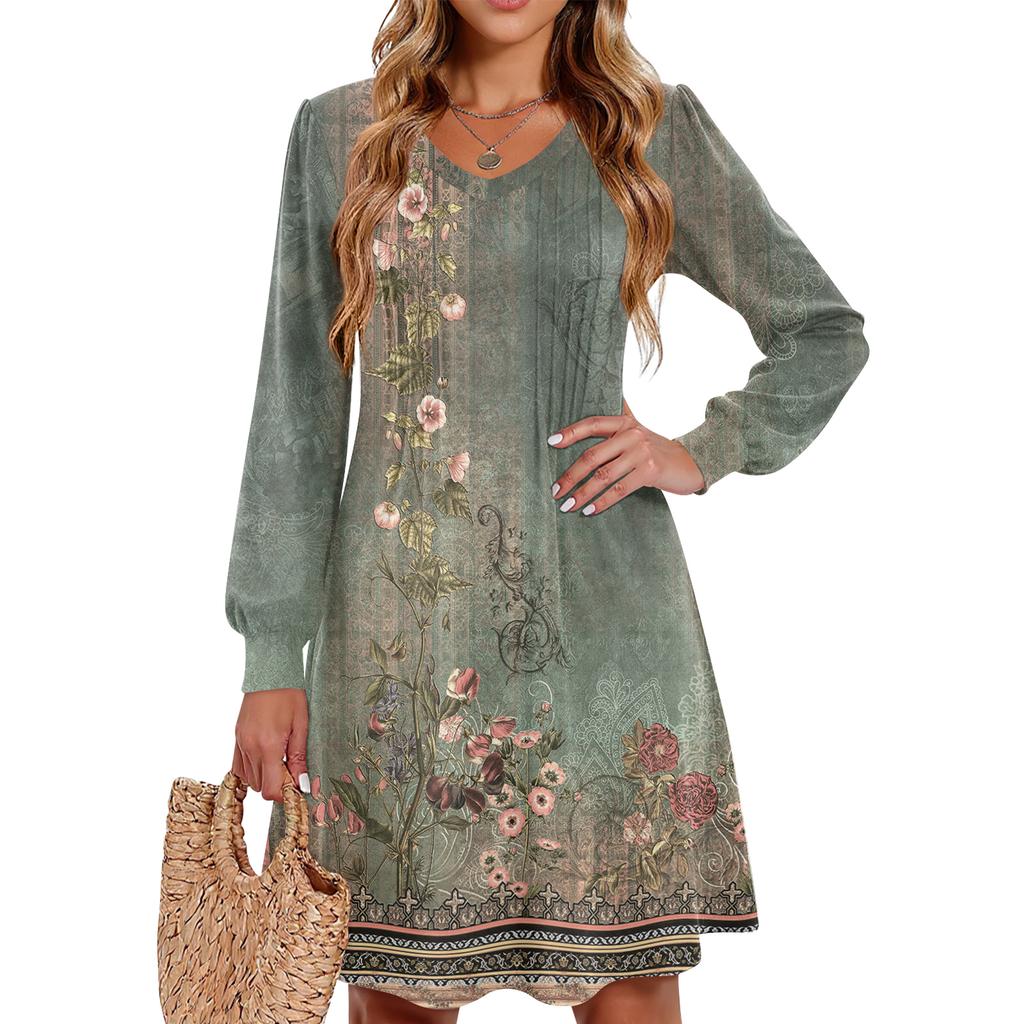 Ladies' Printed Casual And Fashionable V-neck Long Sleeved Mid Length Dress