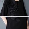 Large Size Spring Summer Wome Black Midi Dress Brief O Neck Casual Loose Floral Party Dress Half Sleeve Split Feminine Dress