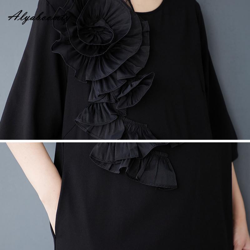 Large Size Spring Summer Wome Black Midi Dress Brief O Neck Casual Loose Floral Party Dress Half Sleeve Split Feminine Dress