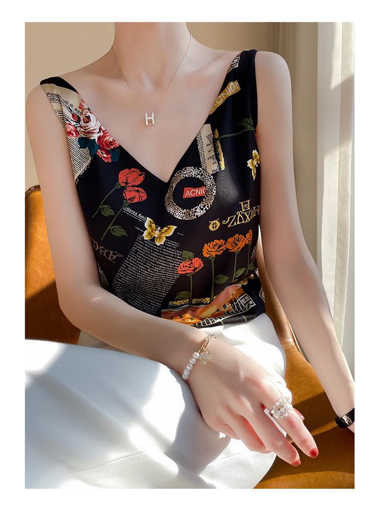 Women's 24-Year Printed Silk Camisole - Round Neck and V-Neck Satin Mulberry Silk Top for Summer Suit Layering