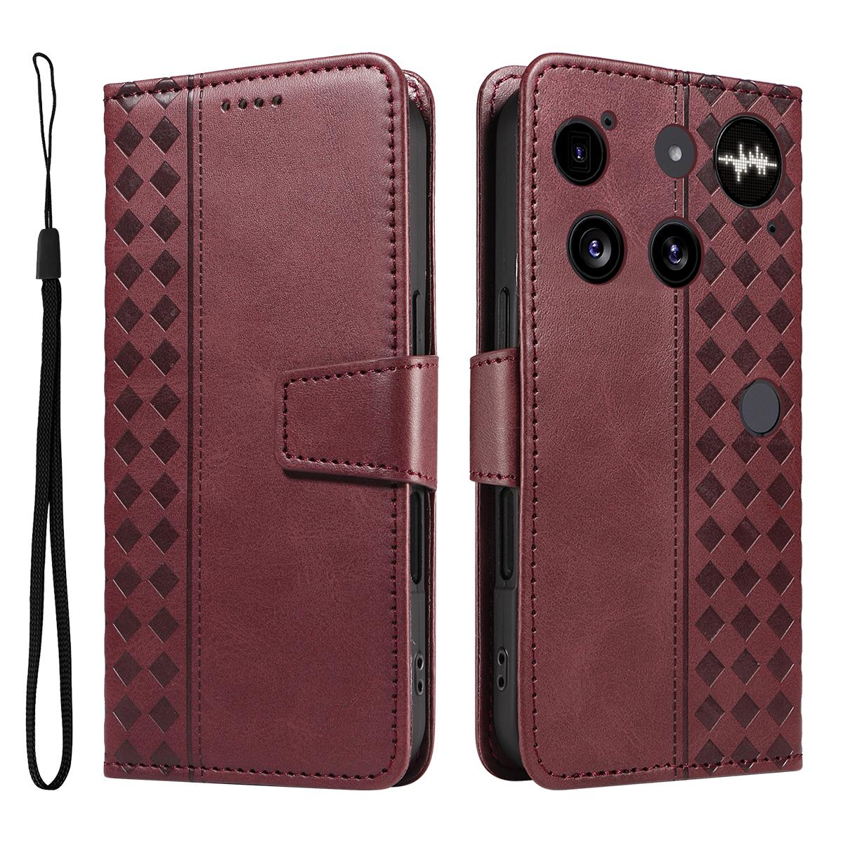 

For Nothing Phone (3) 5G Leather Case Wallet Stand Grids Imprinted Phone Cover with Strap - Wine Red