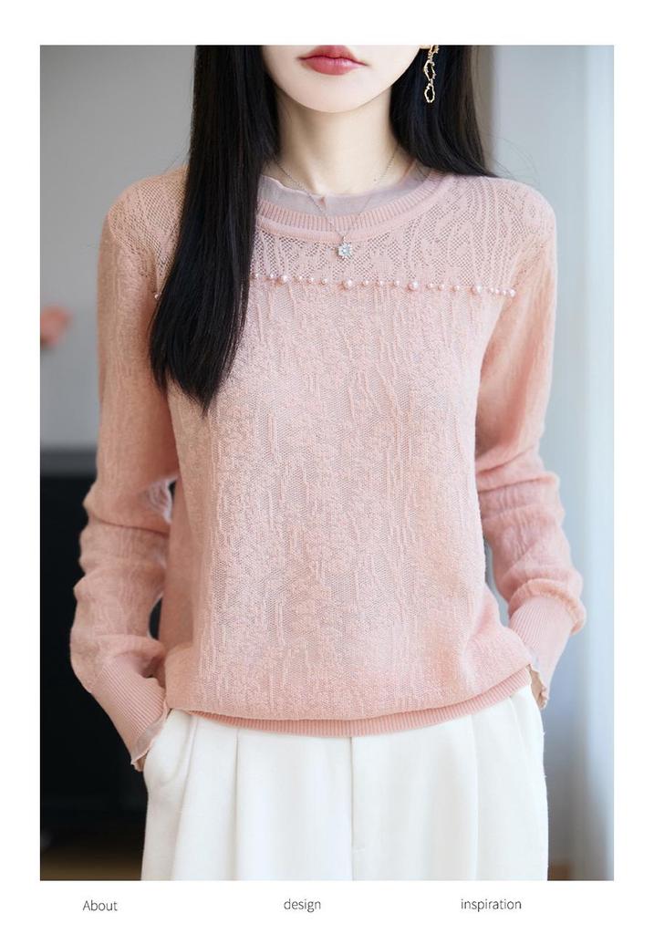 Lace Bead-Embellished Wool Sweater with Loose Comfortable Fit and Exquisite Lace Design for Fall/Winter Versatile Style