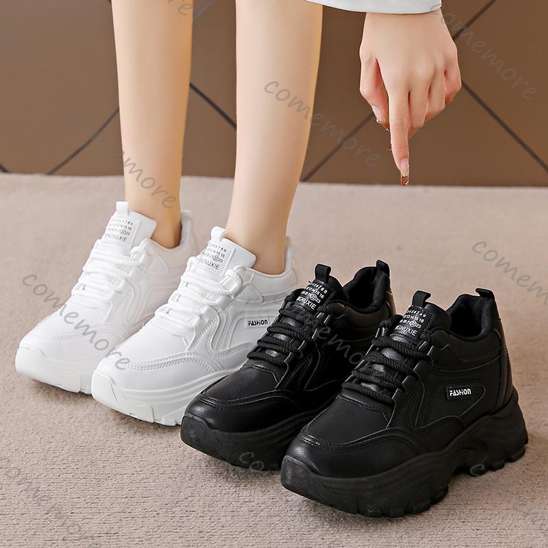 Comemore Women's Black White Chunky Sneakers 2025 Autumn Platform Sports Shoes for Women Thick Sole Casual Tennis Shoes