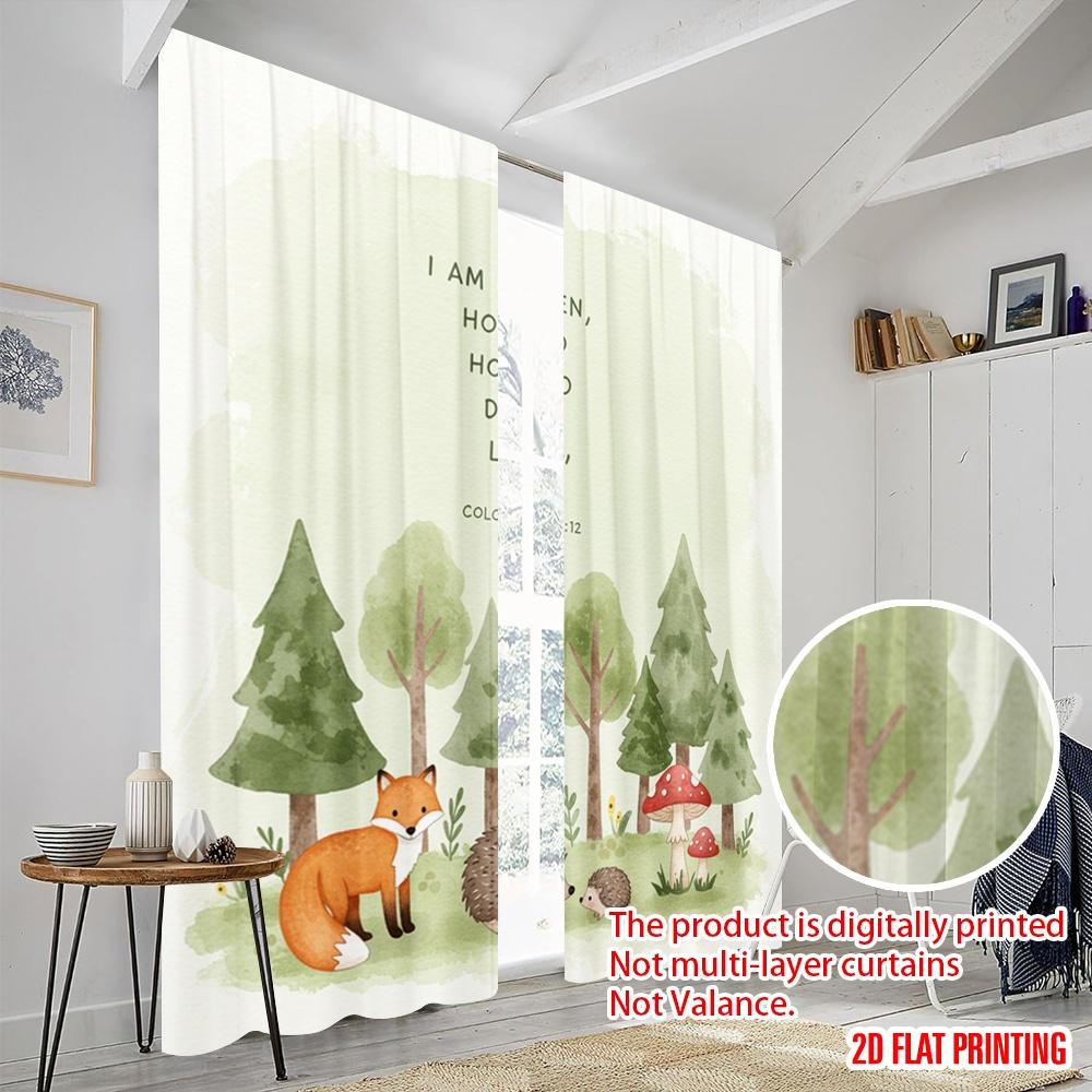 2pcs 2D flat printing Scene Curtain Chosen Loved Woodland Forest Animals 100% Polyester Fabric Without Electricity Festive