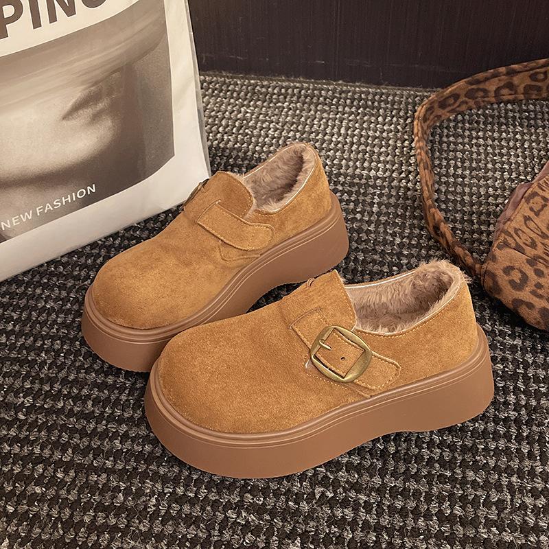 Fur Integrated Retro Birkenstocks Women's Winter New Heightening Thick-soled Fluffy Shoes Women's Loafer Velvet Warm Cotton Shoes