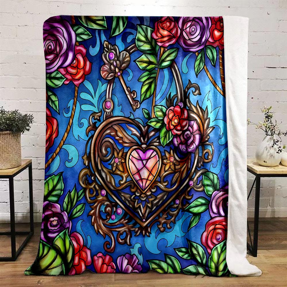 Colorful Heart Lock with Roses Patterned Flannel Blanket Perfect for the Bedroom Living Room, Sofa, or a Little Nap