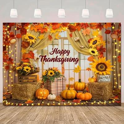 Tela de Fondo de Poliéster para Acción de Gracias de Otoño Feliz - Diseño de madera marrón rústica y girasol, decoración de fiesta