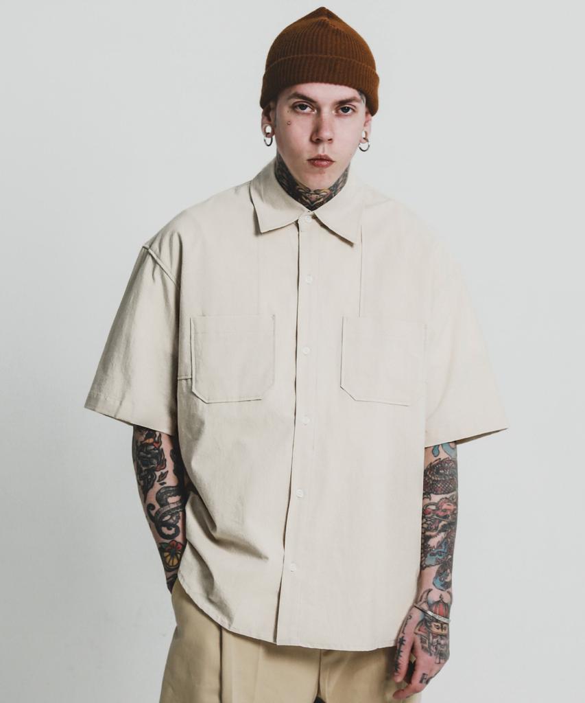 STAGE NAME Vintage Washed Cotton Double Shoulder Short Sleeve Shirt_L Beige