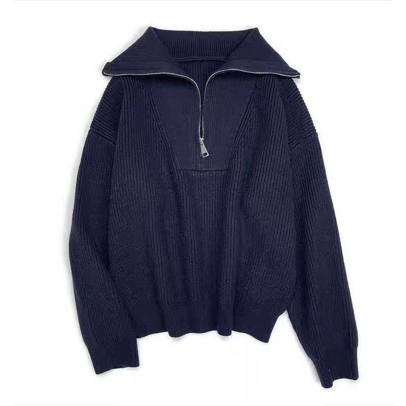 

Half zipper knitted sweater autumn and winter fashion lapel simple casual temperament large size sweater women average size темно-синий