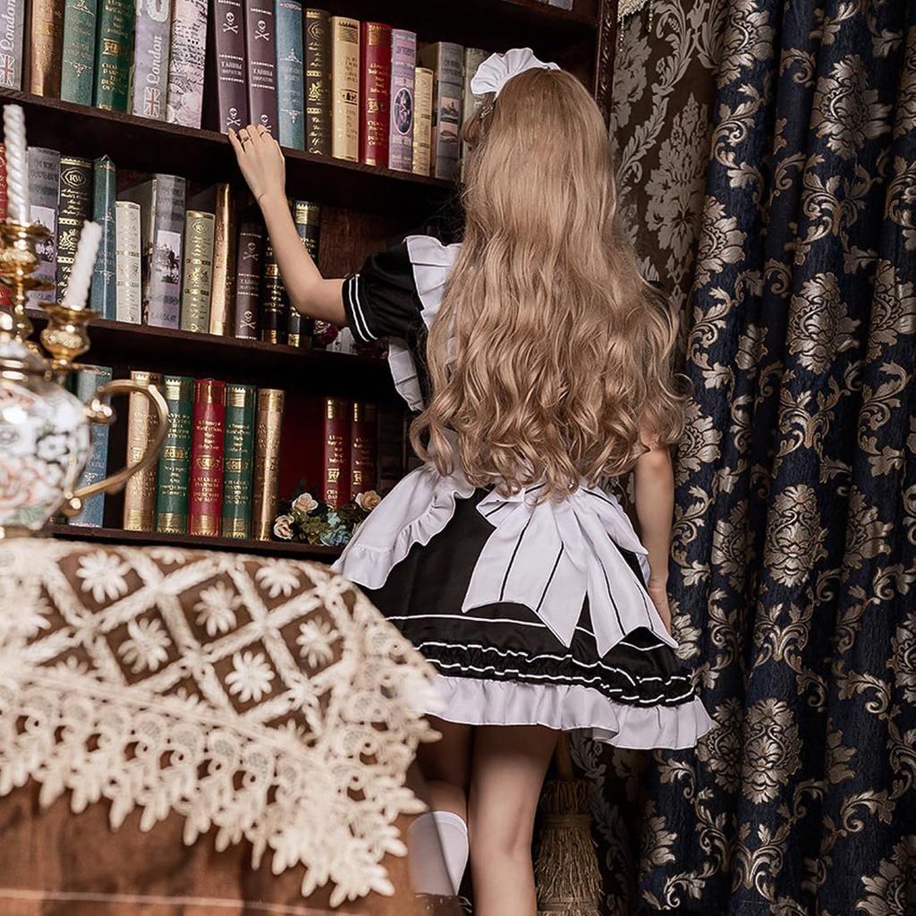 Socpuro Niedliches Maid Lolita Moe Kleid Schürze Maid Café Cosplay Schwarz und authentisches Maid Alltags-Schulkostüm Party Outfit, Lolita/Gothic Stil, + +