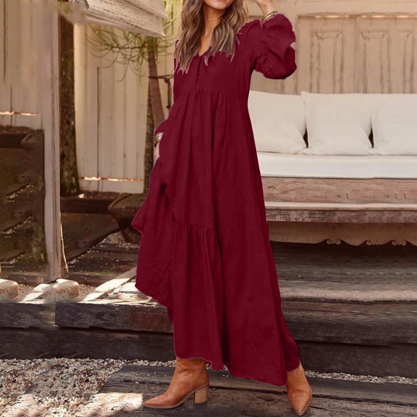 

Women s Casual Long Sleeve Maxi Dress Loose Button V Neck High Waist Flowy Dress M червоний