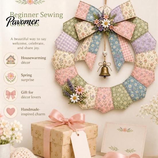 DIY Patchwork Craft Supplies Wreath Kit, Christmas Sewing Seasonal Patterns, Farmhouse Style Crafts Fabric Kit for Adults, Front Door Wall Decor