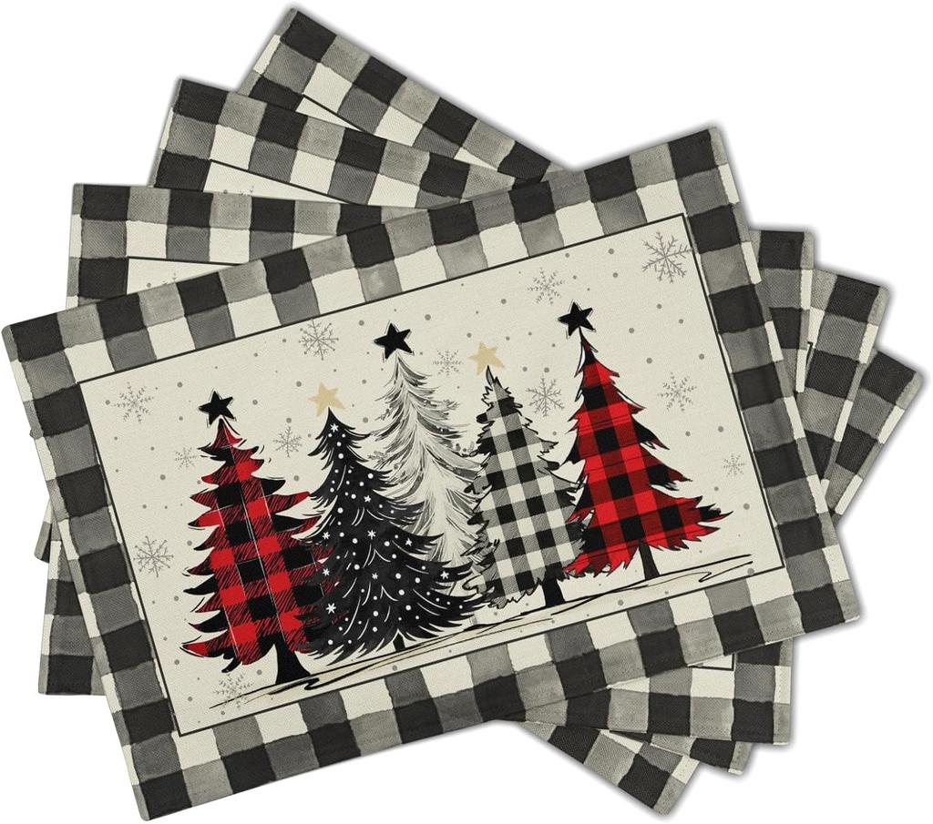 Waterclor Buffalo Plaid Christma Trees Linen Placemats Set of 6 18x12 Inch Xmas Winter Holiday Table Mat Wipeable Place Mat