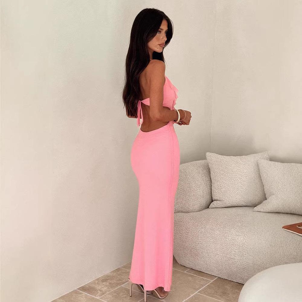 Sexy výstřihový šaty evropského stylu: Úzký střih, Jednobarevný, Odkrytá záda, Šněrování, Dlouhý.