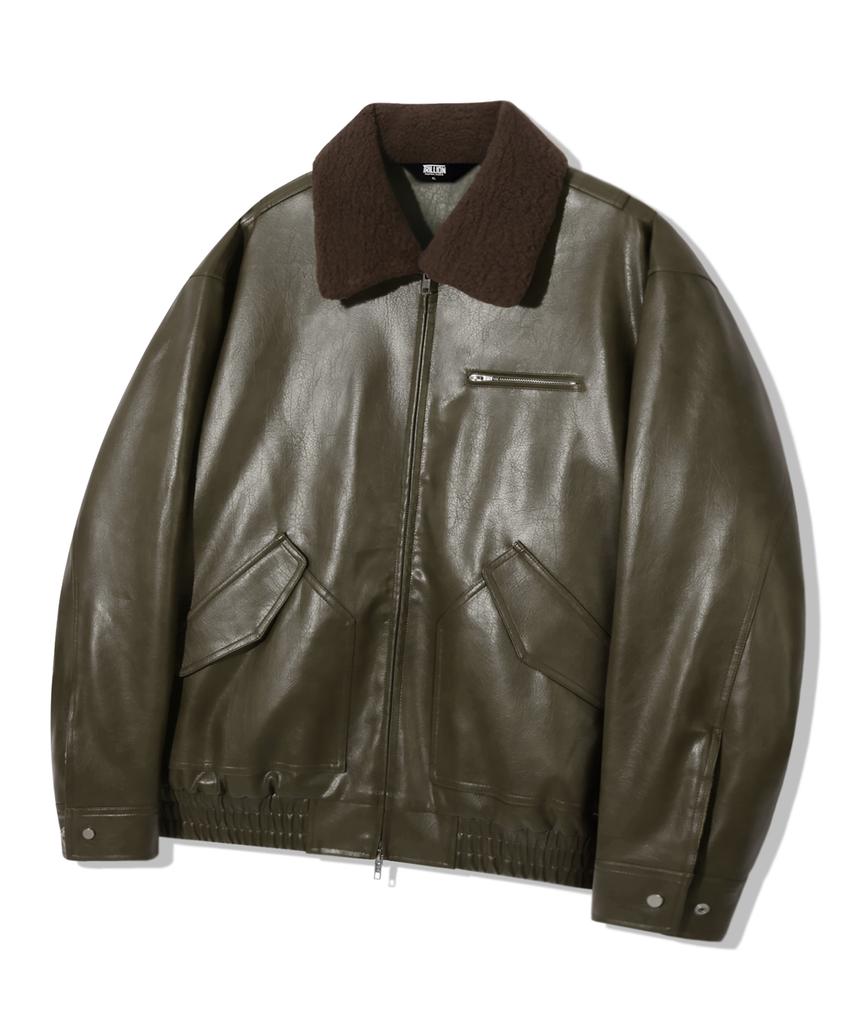 Trillion Fleece Collar Flight Leather Jacket_Khaki
